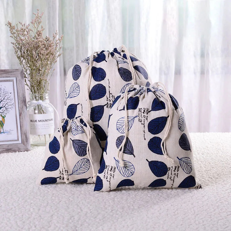 Multipurpose Botanical Print Linen Drawstring Bag