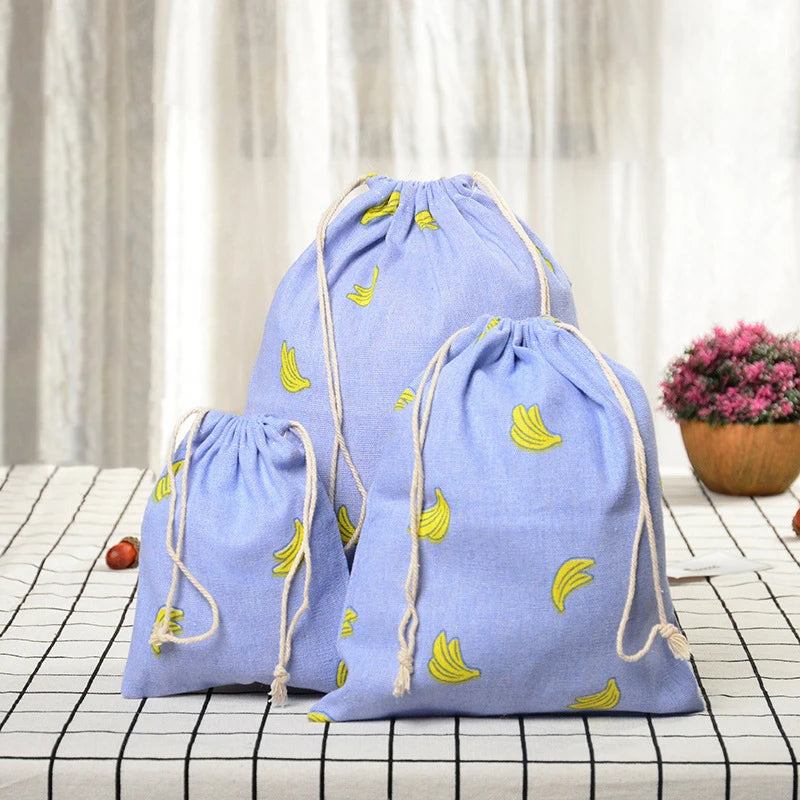 Multipurpose Botanical Print Linen Drawstring Bag