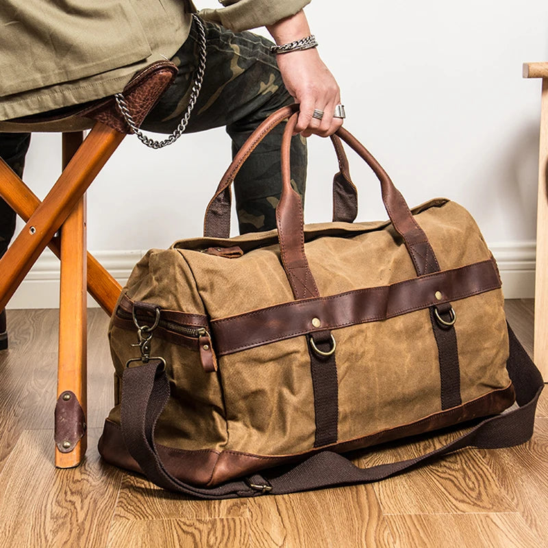 Waterproof Waxed Canvas & Leather Travel Duffle Bag
