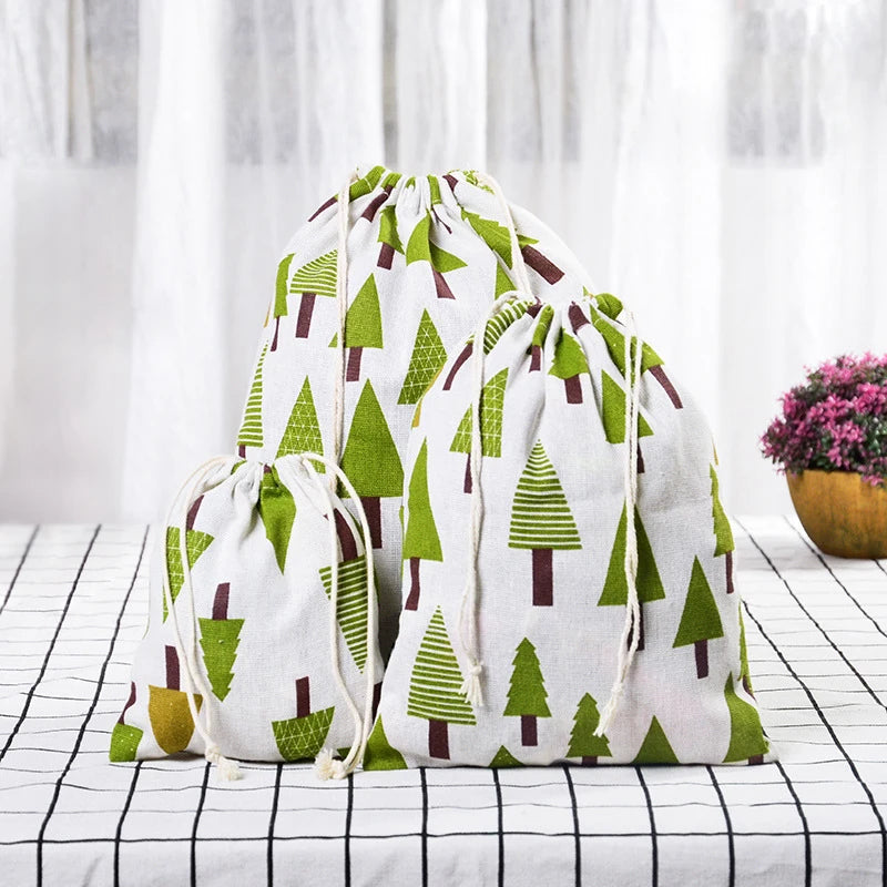 Multipurpose Botanical Print Linen Drawstring Bag