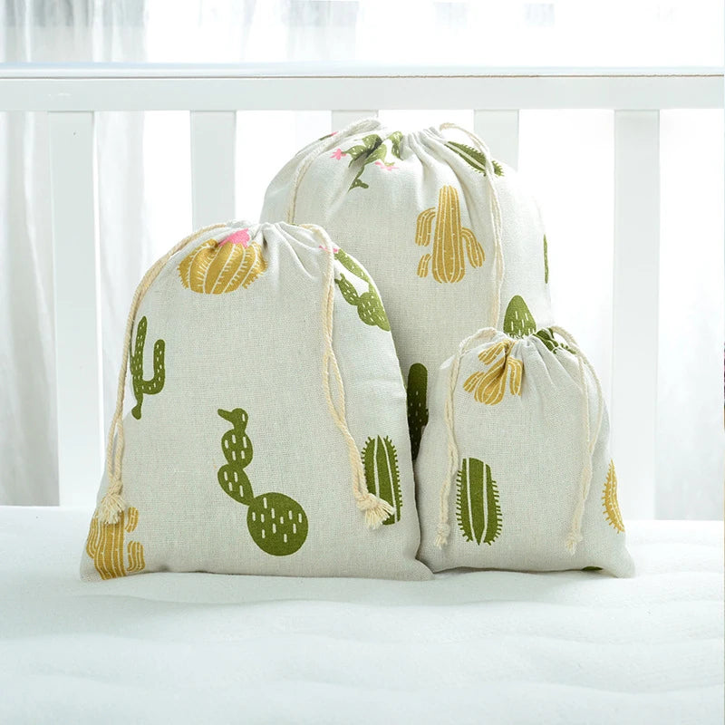 Multipurpose Botanical Print Linen Drawstring Bag