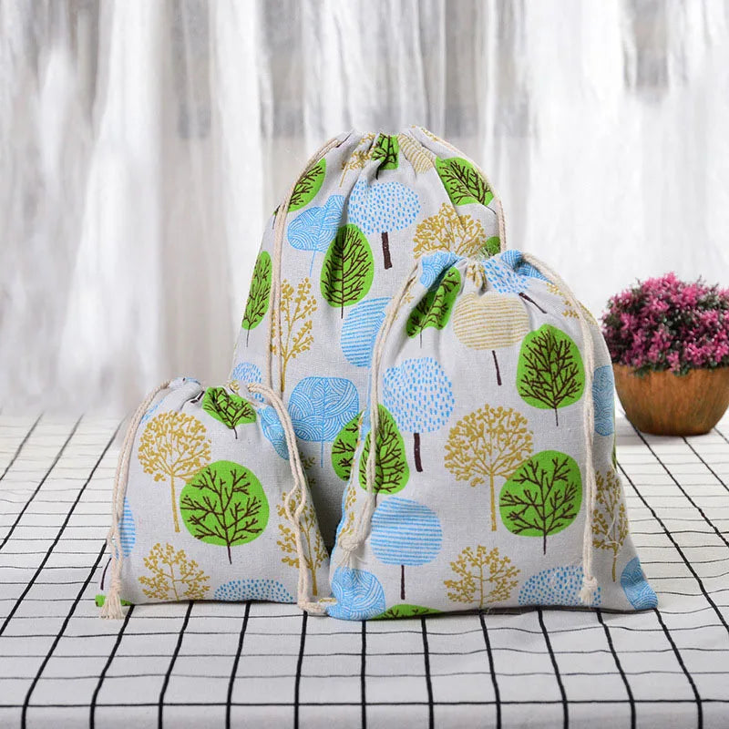 Multipurpose Botanical Print Linen Drawstring Bag