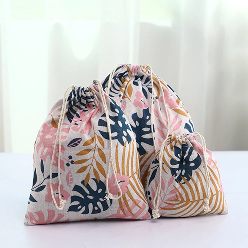 Multipurpose Botanical Print Linen Drawstring Bag