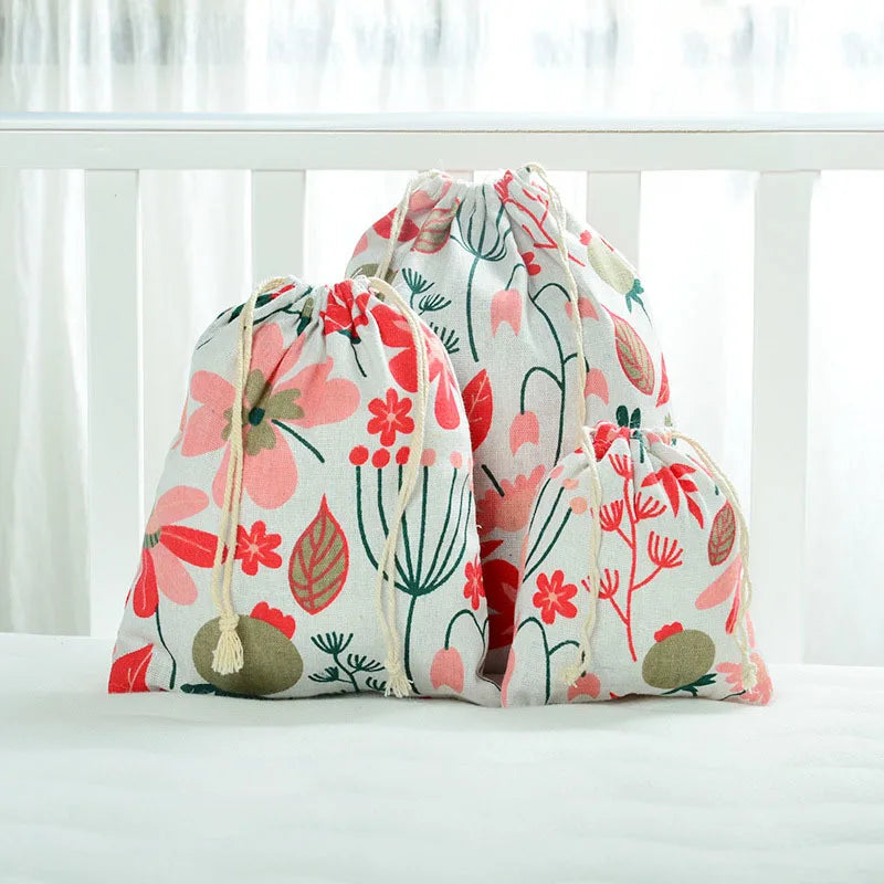 Multipurpose Botanical Print Linen Drawstring Bag