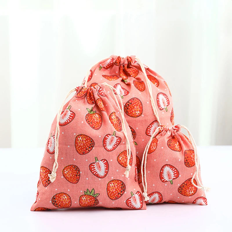 Floral Printed Cotton Linen Drawstring Bag