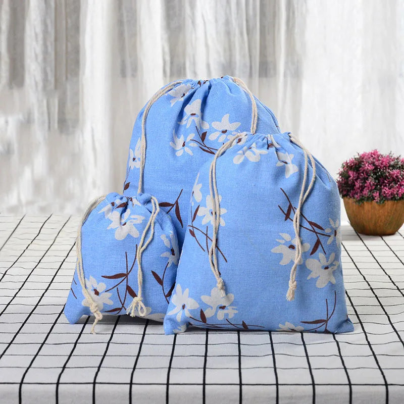 Multipurpose Botanical Print Linen Drawstring Bag