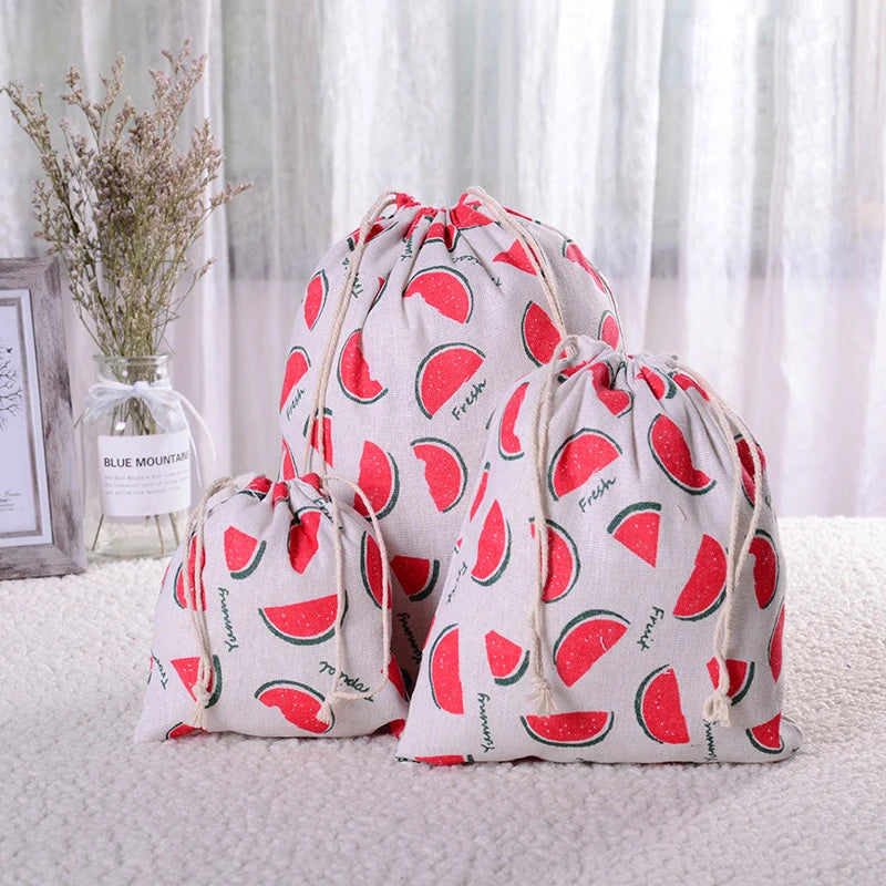 Multipurpose Botanical Print Linen Drawstring Bag