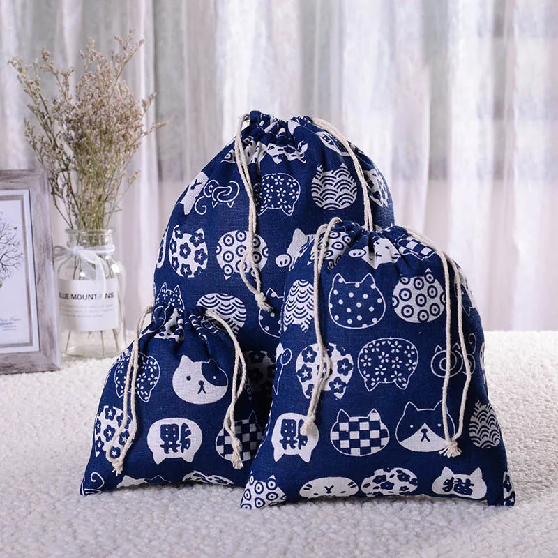 Multipurpose Botanical Print Linen Drawstring Bag