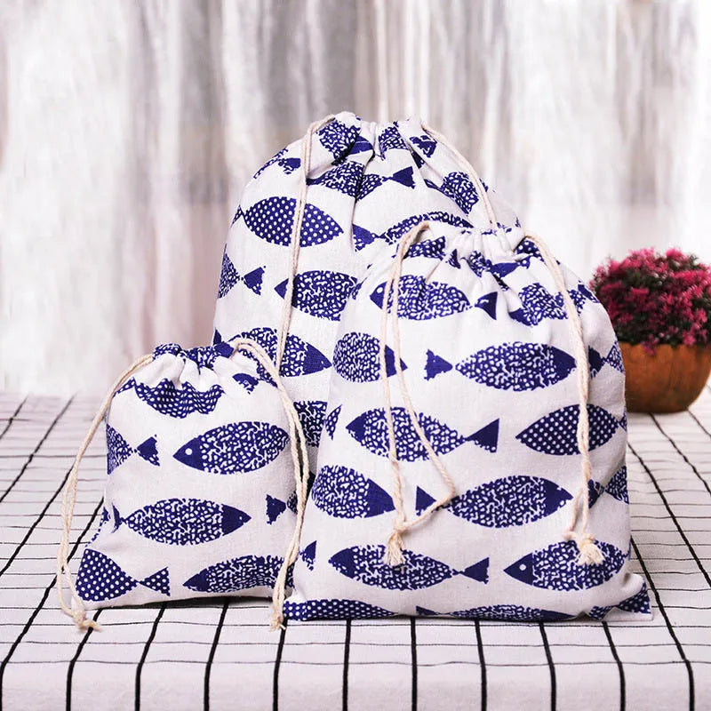 Multipurpose Botanical Print Linen Drawstring Bag