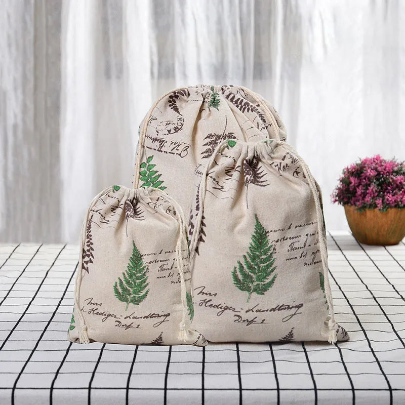 Floral Printed Cotton Linen Drawstring Bag