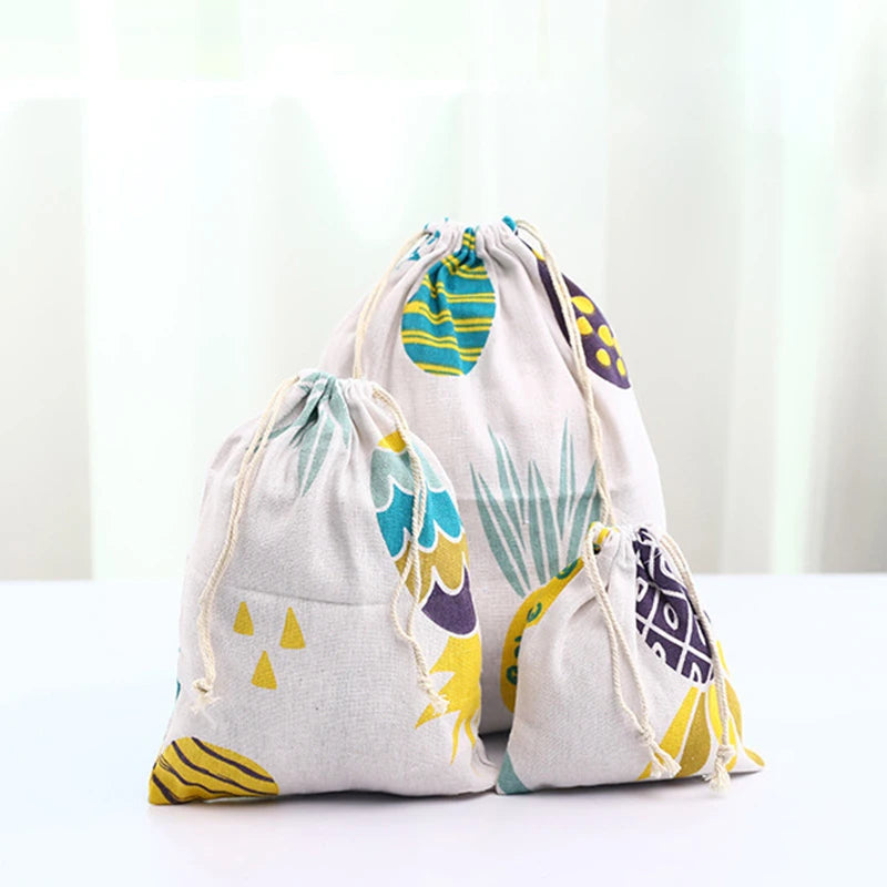Floral Printed Cotton Linen Drawstring Bag