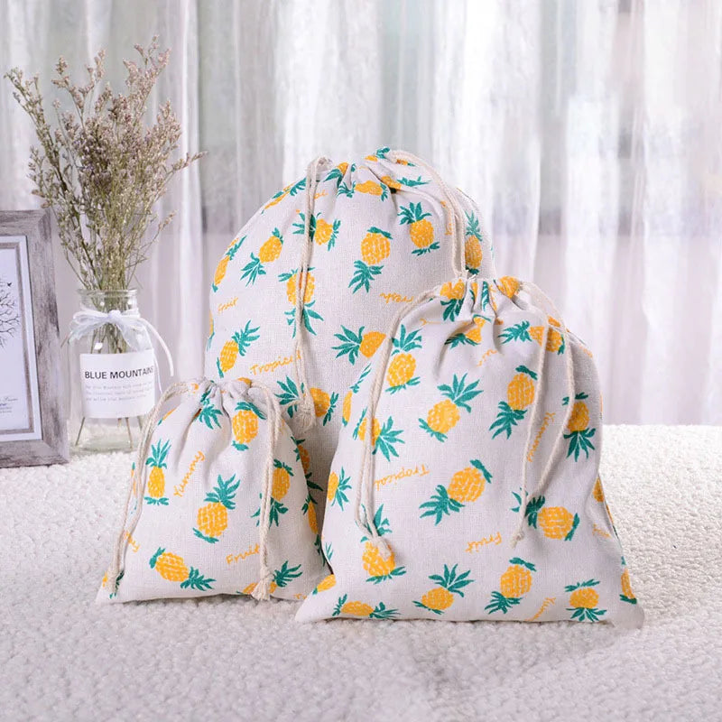 Multipurpose Botanical Print Linen Drawstring Bag