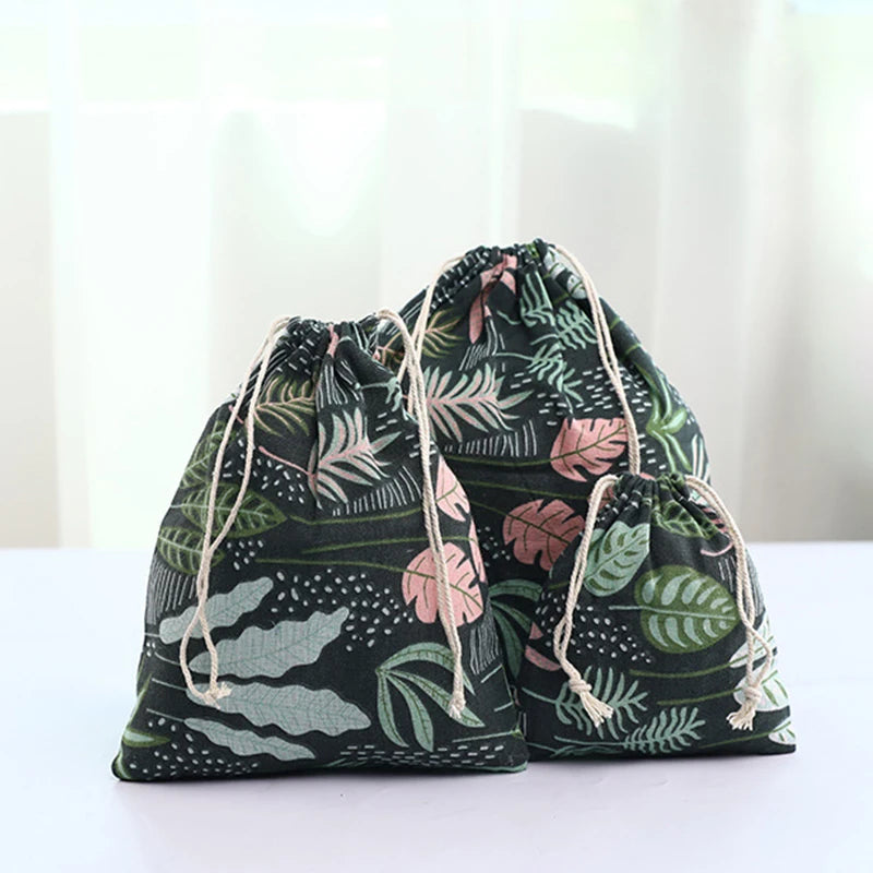 Floral Printed Cotton Linen Drawstring Bag