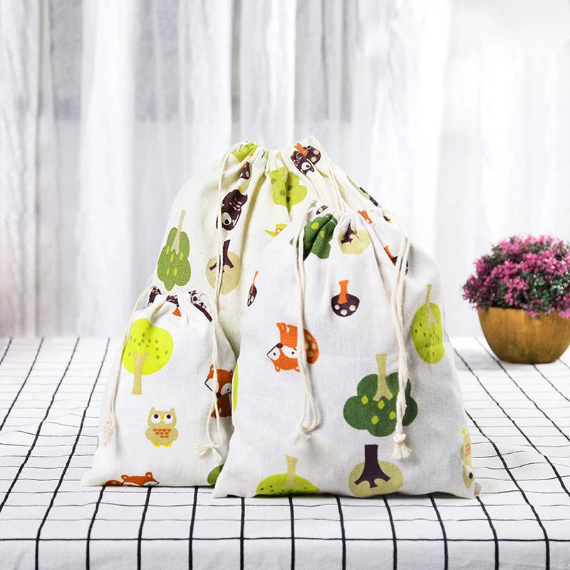Multipurpose Botanical Print Linen Drawstring Bag