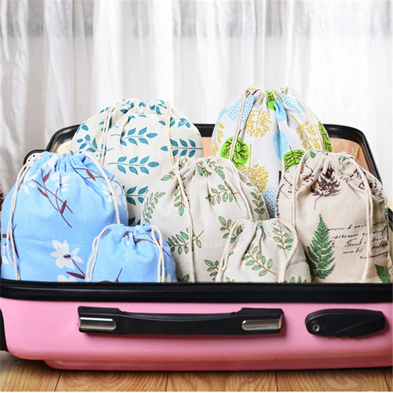 Multipurpose Botanical Print Linen Drawstring Bag