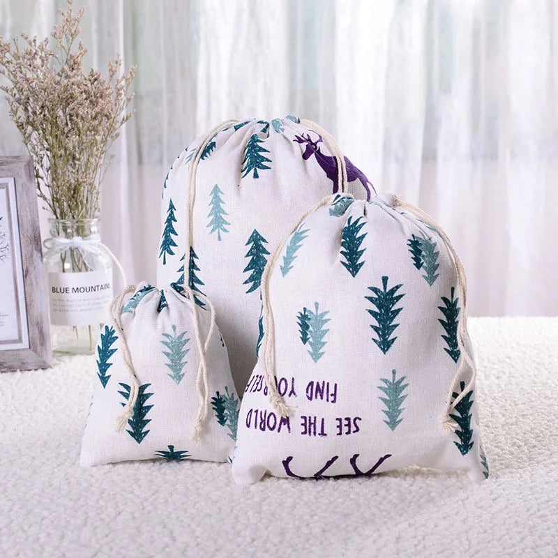 Multipurpose Botanical Print Linen Drawstring Bag