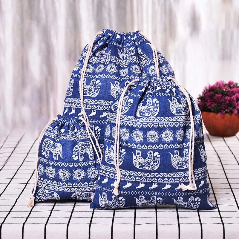 Multipurpose Botanical Print Linen Drawstring Bag