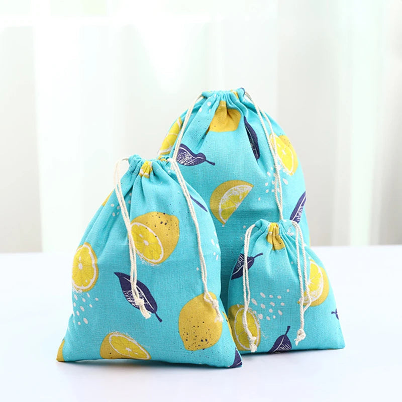 Floral Printed Cotton Linen Drawstring Bag