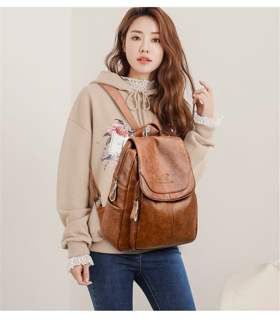 Large Capacity Leather Backpack