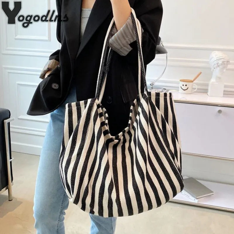 Retro Striped Tote Shoulder Bag