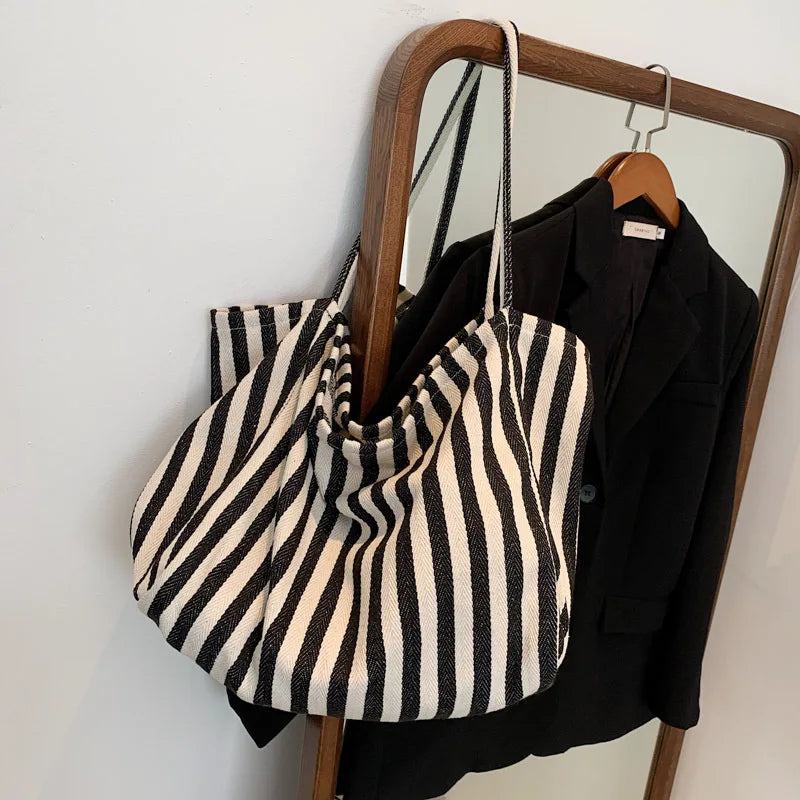 Retro Striped Tote Shoulder Bag