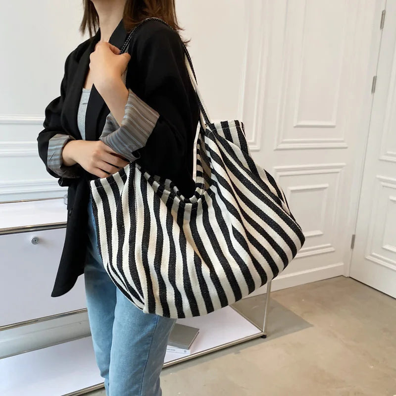 Retro Striped Tote Shoulder Bag