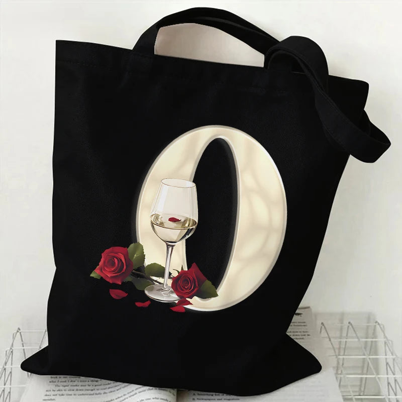 Fashion A–Z Letter Rose Print Tote Bag for Women