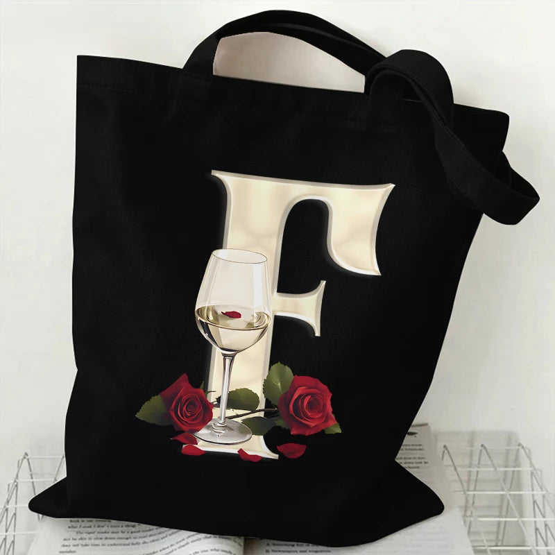 Fashion A–Z Letter Rose Print Tote Bag for Women
