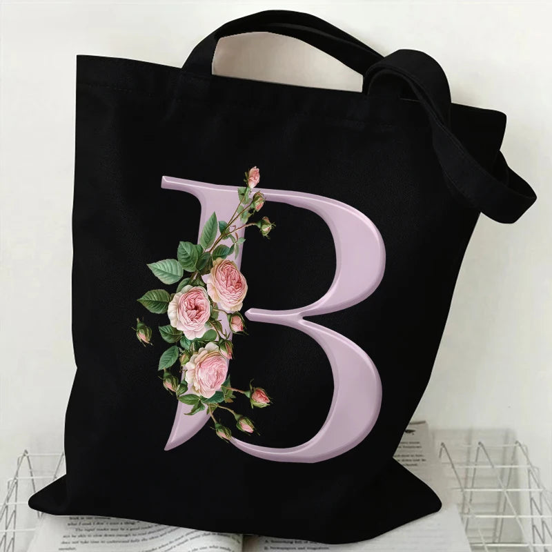 Trendy Women’s Canvas Tote – Aesthetic Alphabet Roses Shoulder Bag