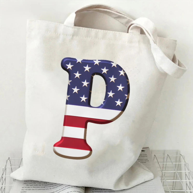 A–Z Alphabet Canvas Tote Bag – American Flag Print Y2K Aesthetic Handbag