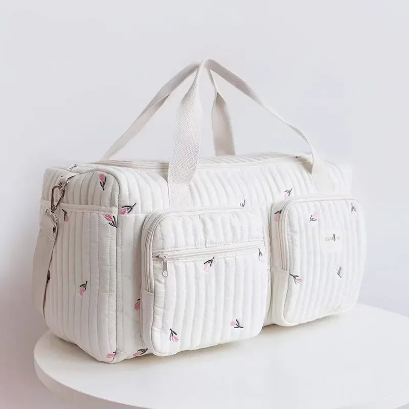 Cute Bear Embroidered Baby Diaper Bag – Beige Cotton Mommy Handbag
