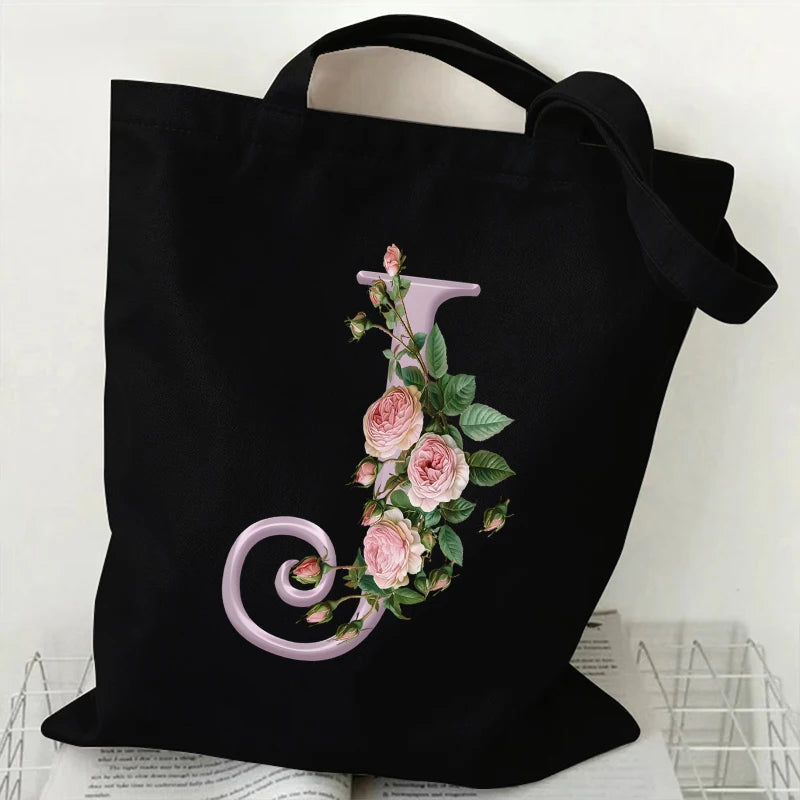 Trendy Women’s Canvas Tote – Aesthetic Alphabet Roses Shoulder Bag