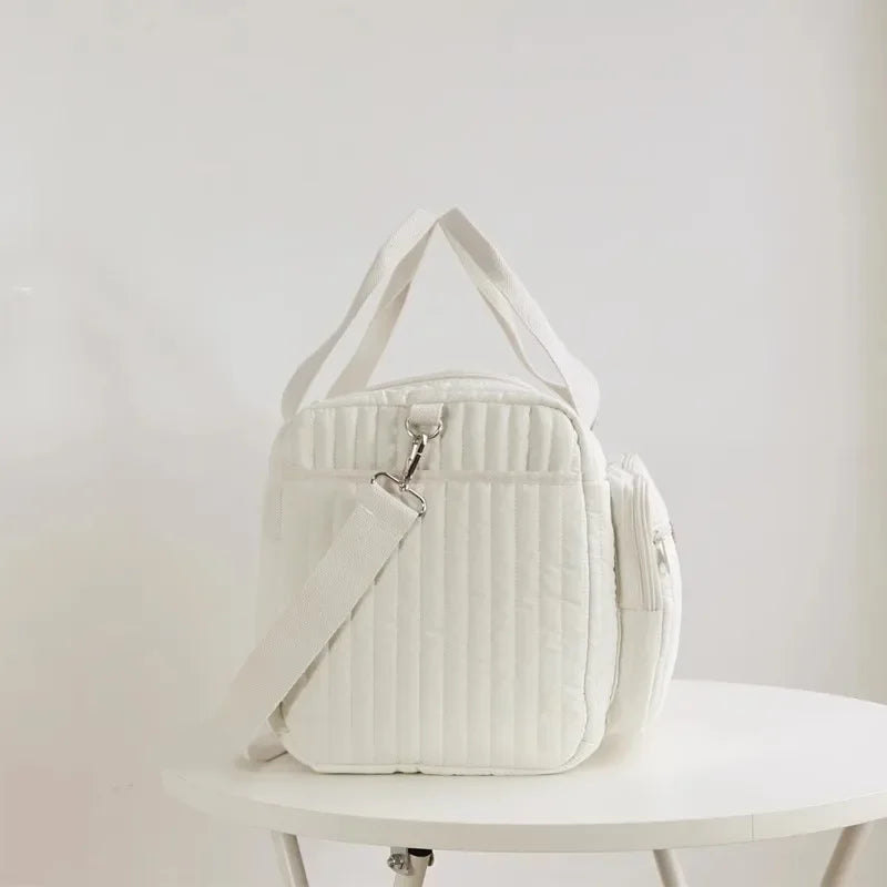 Cute Bear Embroidered Baby Diaper Bag – Beige Cotton Mommy Handbag