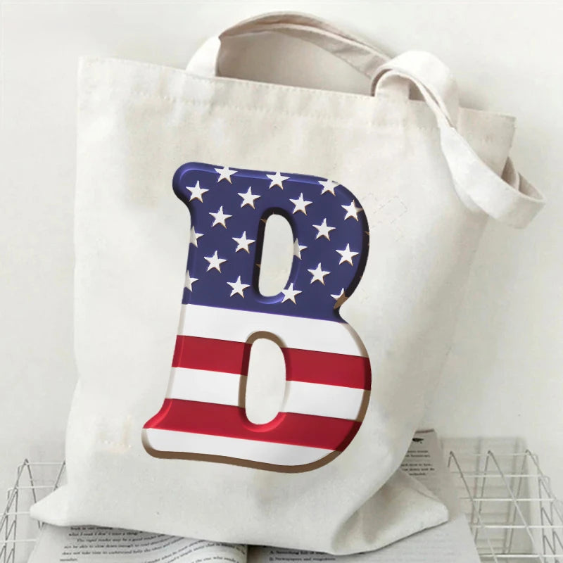 A–Z Alphabet Canvas Tote Bag – American Flag Print Y2K Aesthetic Handbag