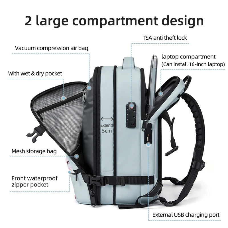 16-Inch Waterproof Travel Laptop Backpack – Vacuum Compression, USB Charging