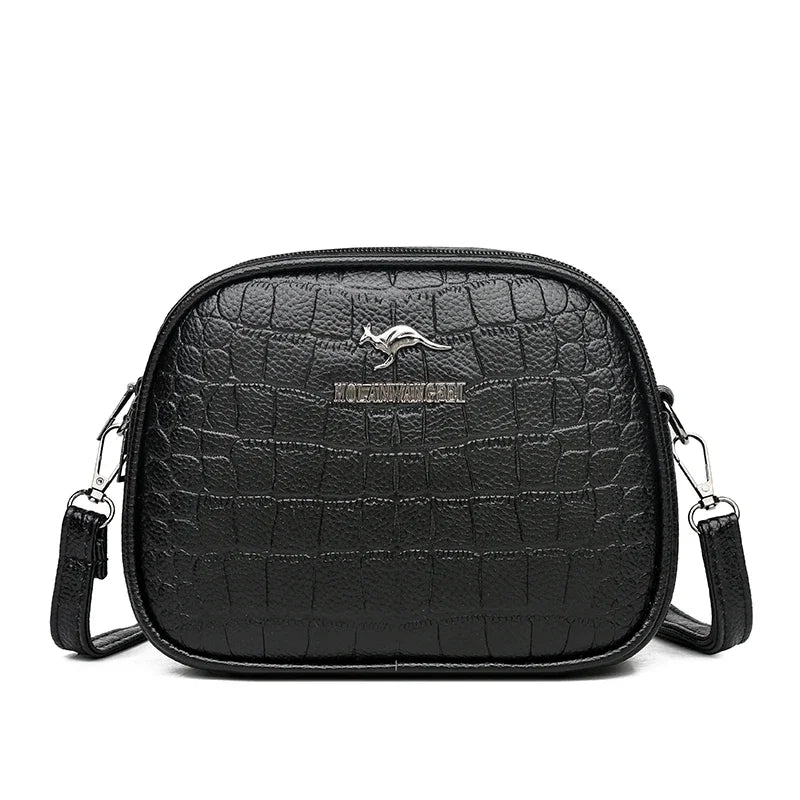 Elegant Triple-Zip Handbag – Croc-Texture PU Leather Crossbody Bag
