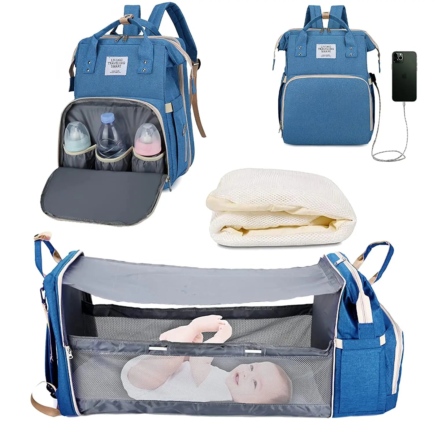 3-in-1 Diaper Bag Backpack with Foldable Baby Bed & USB Charging