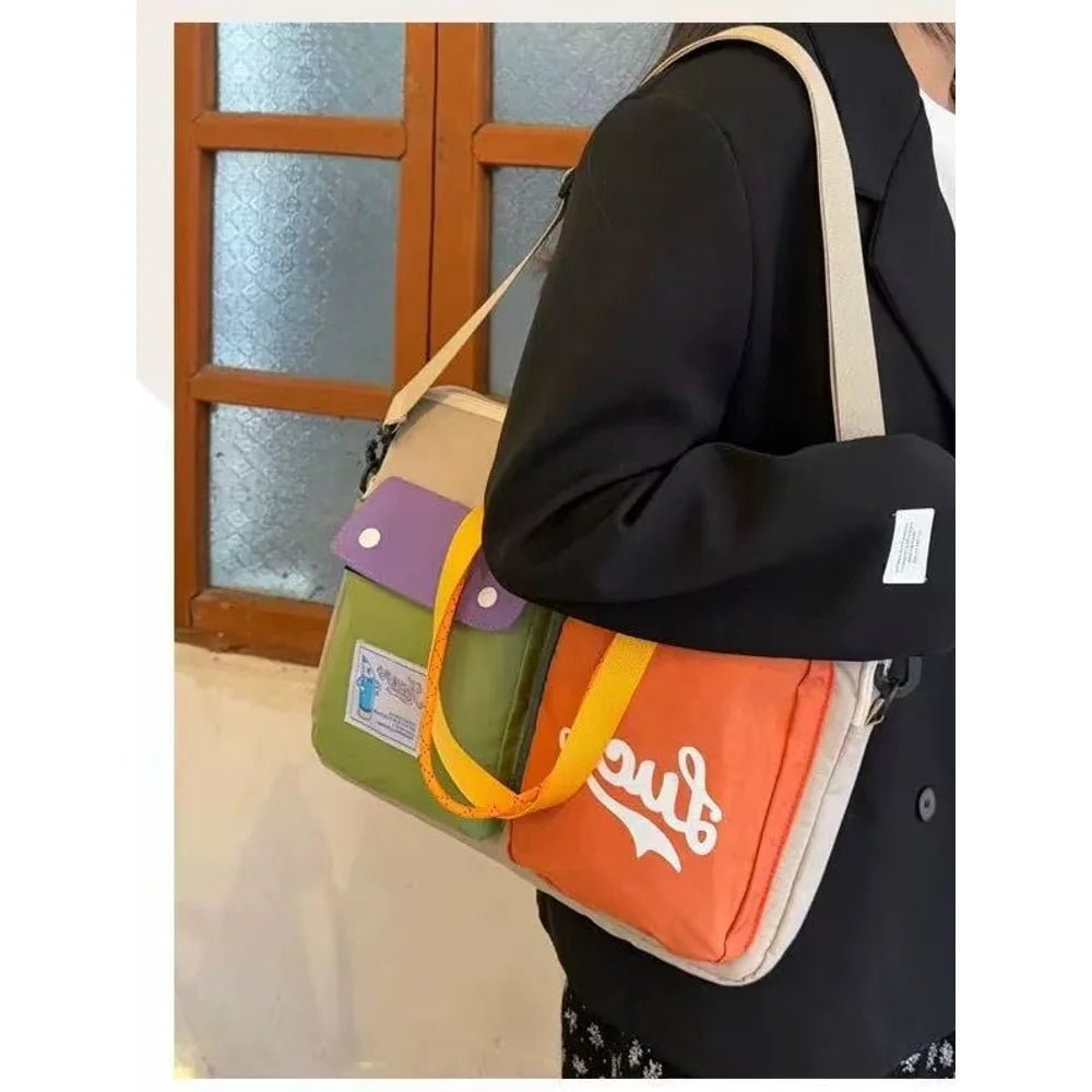 Color Block Portable Laptop Crossbody Bag for Students