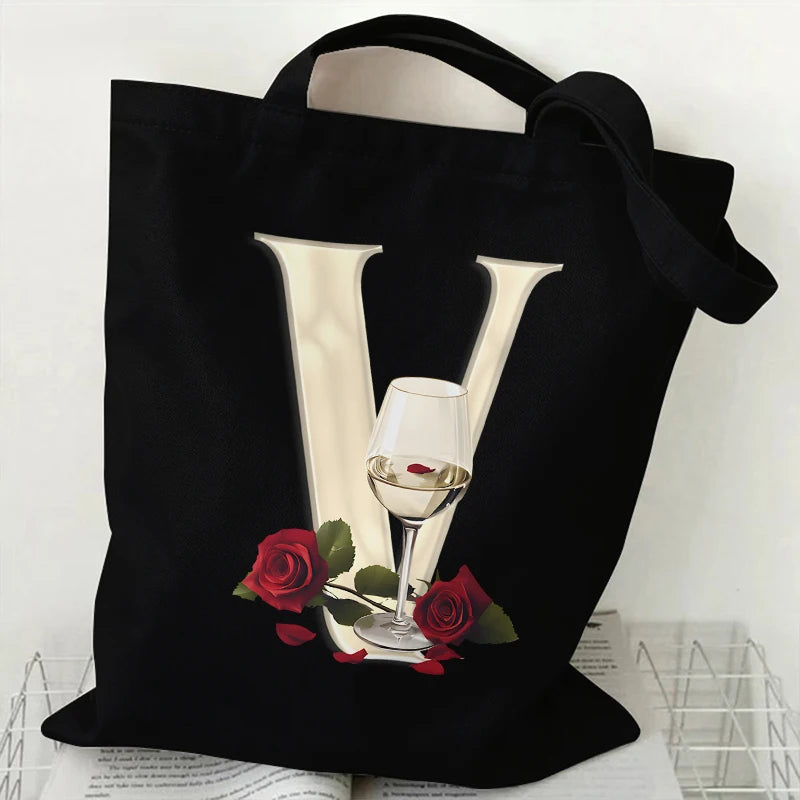 Fashion A–Z Letter Rose Print Tote Bag for Women