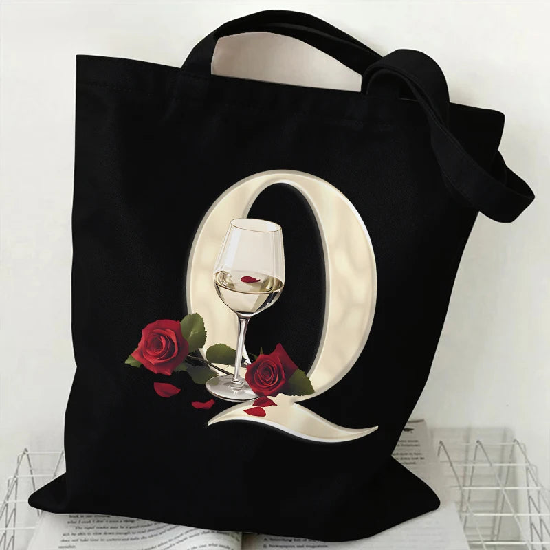 Fashion A–Z Letter Rose Print Tote Bag for Women