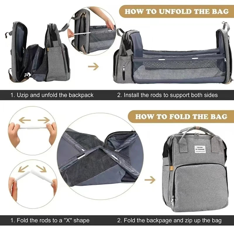 Foldable Baby Crib Backpack – Travel Nappy Bag with Insulated Compartments