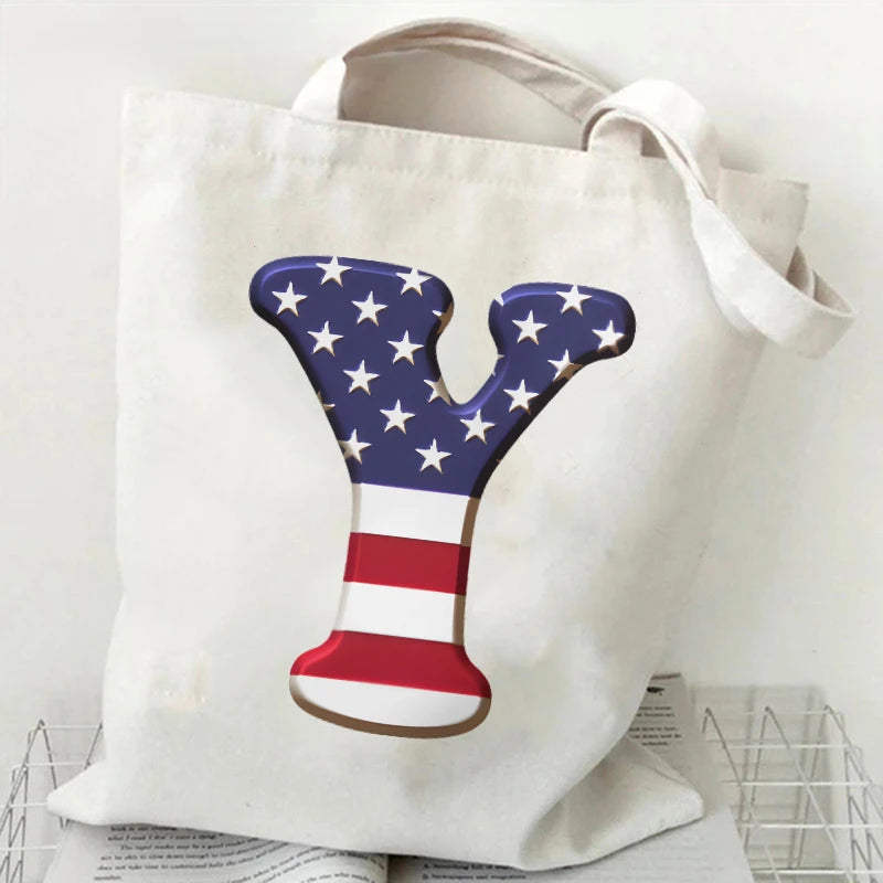 A–Z Alphabet Canvas Tote Bag – American Flag Print Y2K Aesthetic Handbag