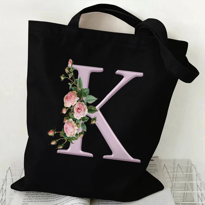 Trendy Women’s Canvas Tote – Aesthetic Alphabet Roses Shoulder Bag
