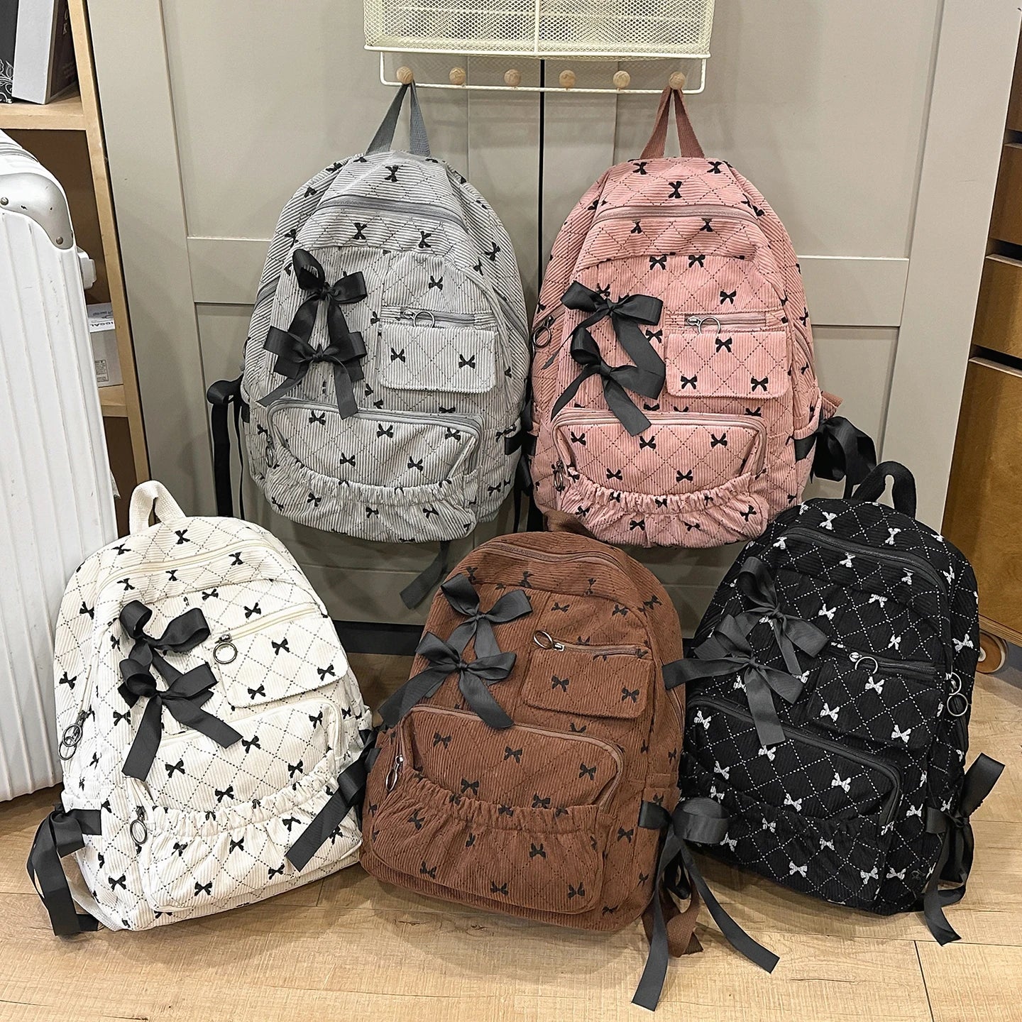 Corduroy Bow School bag  – Versatile Korean Style Backpack