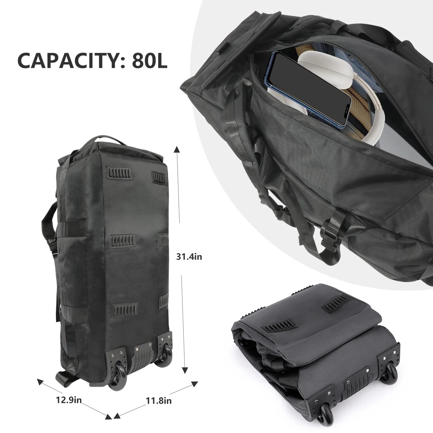 Heavy-Duty 80L Wheeled Duffel – Foldable Travel Bag