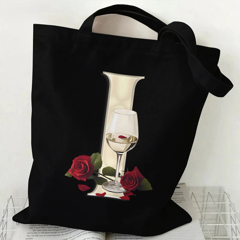 Fashion A–Z Letter Rose Print Tote Bag for Women