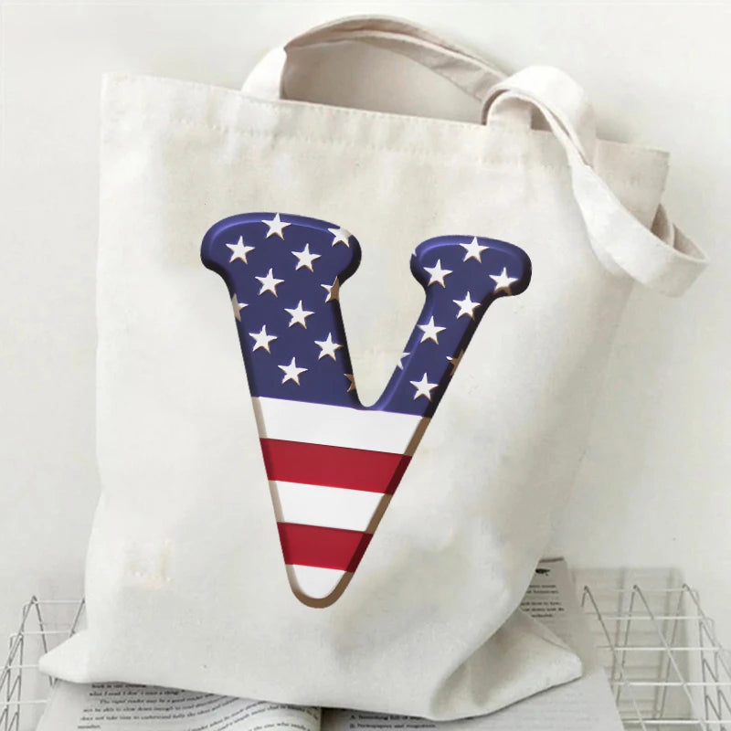 A–Z Alphabet Canvas Tote Bag – American Flag Print Y2K Aesthetic Handbag