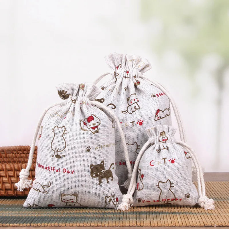 Cartoon Print Linen Drawstring Gift Bag