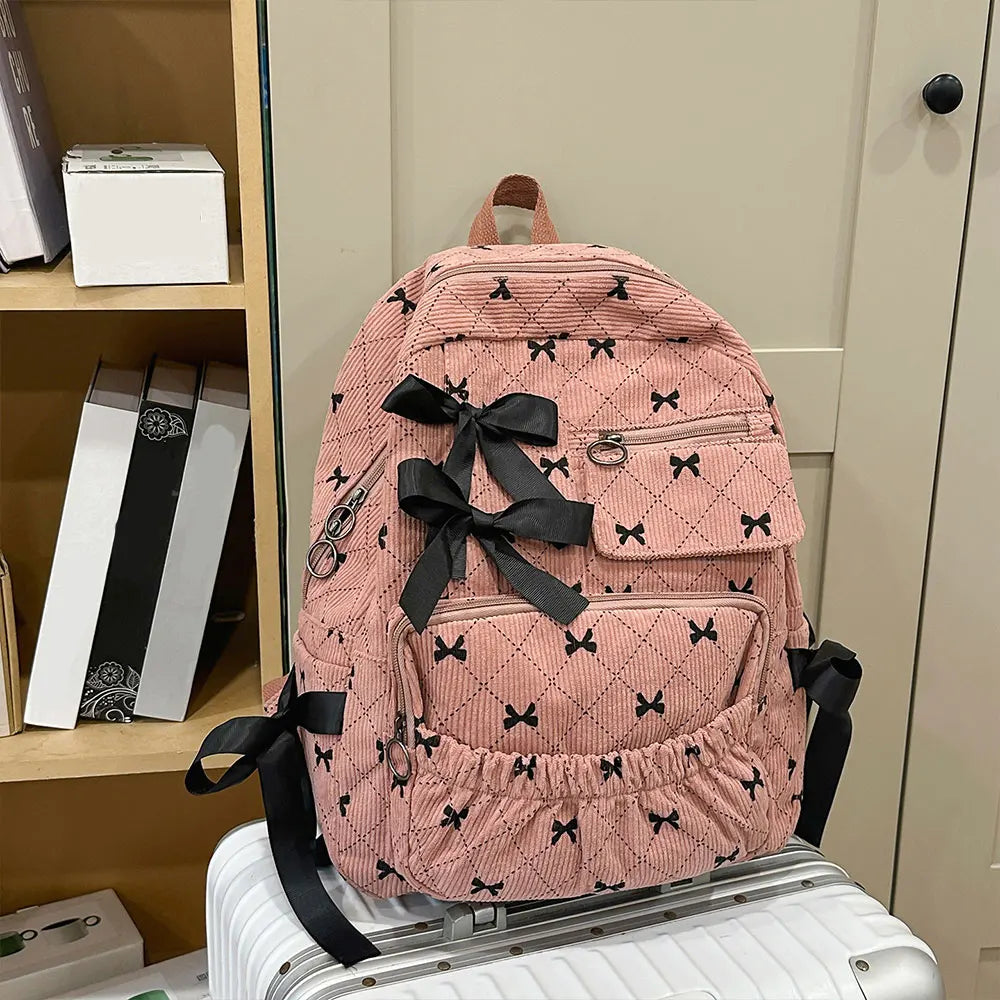 Corduroy Bow School bag  – Versatile Korean Style Backpack
