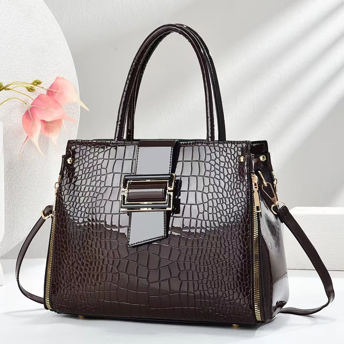 Luxury Top-Handle Handbag – PU Crocodile Pattern Crossbody Bag